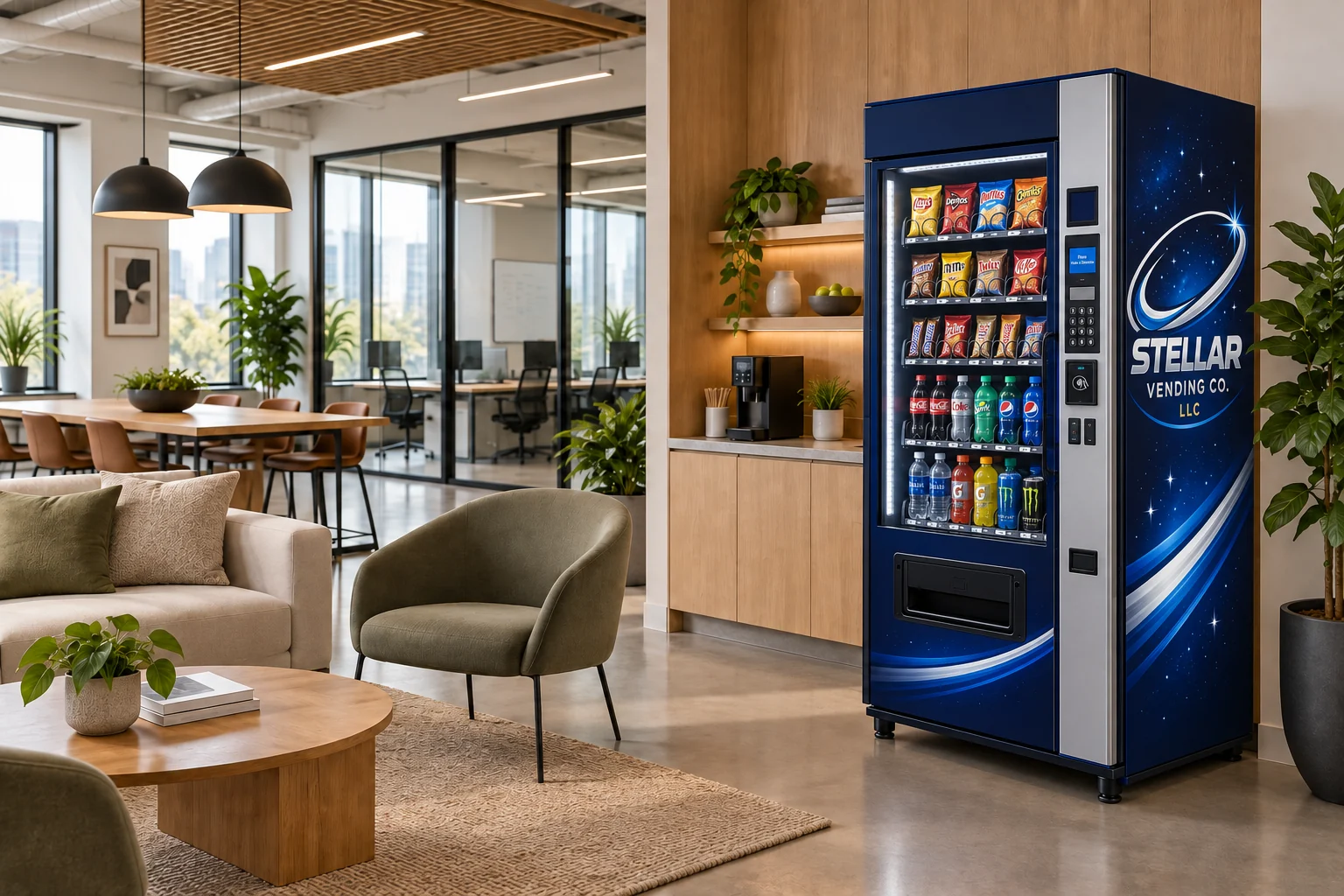 Stellar Vending Co. snack-and-drink vending machine in a contemporary office lounge